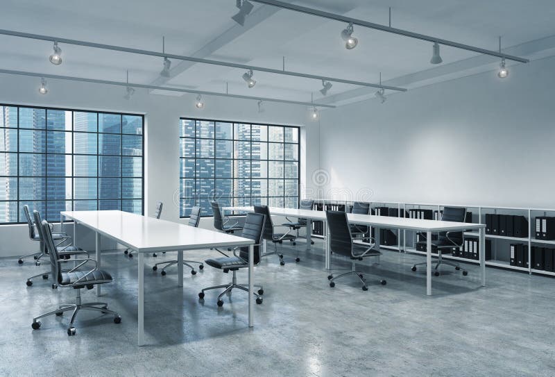Workplaces In A Bright Modern Loft Open Space Office Empty Tables And Docents Book Shelves Singapore Panoramic View A Concept Stock Illustration Illustration Of Consultancy Singapore