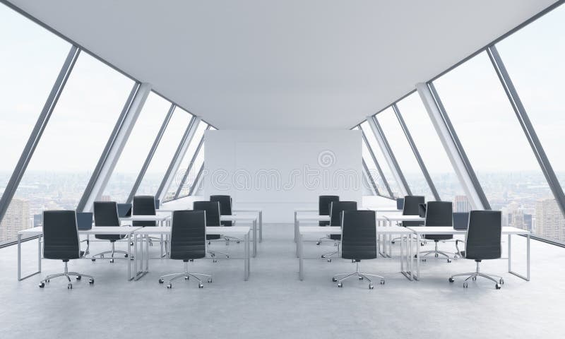 Workplaces in a bright modern open space loft office. White tables and black chairs. New York panoramic view in the windows. 3D re