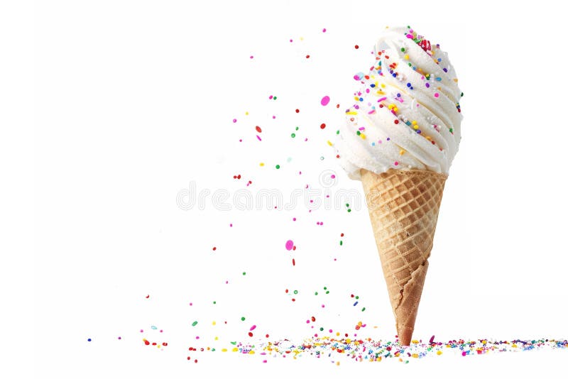 A delicious of a melting ice cream cone, with colorful sprinkles, on a white background stock photo