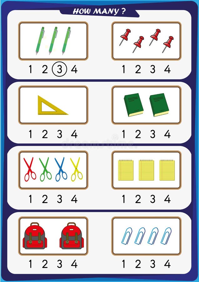 worksheet for kindergarten kids count the number of objects learn the numbers 1 2 3 4 stock illustration illustration of early logic 109629824