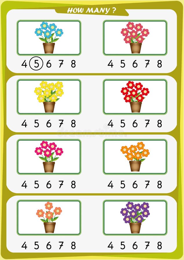 worksheet for kindergarten kids count the number of objects learn the numbers 1 2 3 4 5 6 7 stock vector illustration of addition counting 110184349