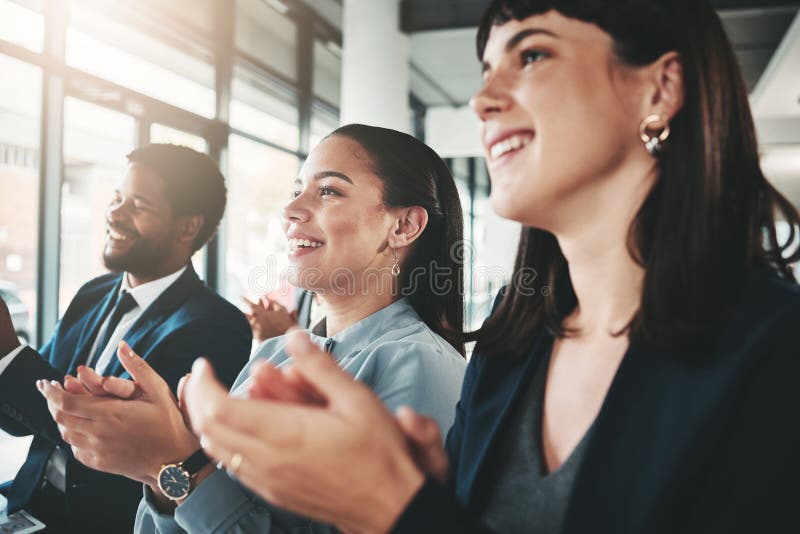 Workshop, applause and business people in meeting, conference or seminar in office. Celebration, group teamwork or crowd stock images