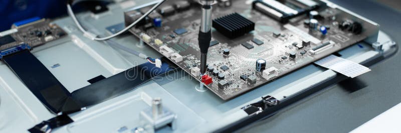 Minsk, Belarus - May 08, 2018: workshop for assembring televisions royalty free stock photography Minsk, Belarus - May 08, 2018: workshop for assembring televisions royalty free stock photography