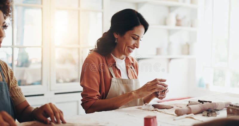 Workshop, smile and women with clay for pottery, development and creative with learning in class. Process, people and vector illustration