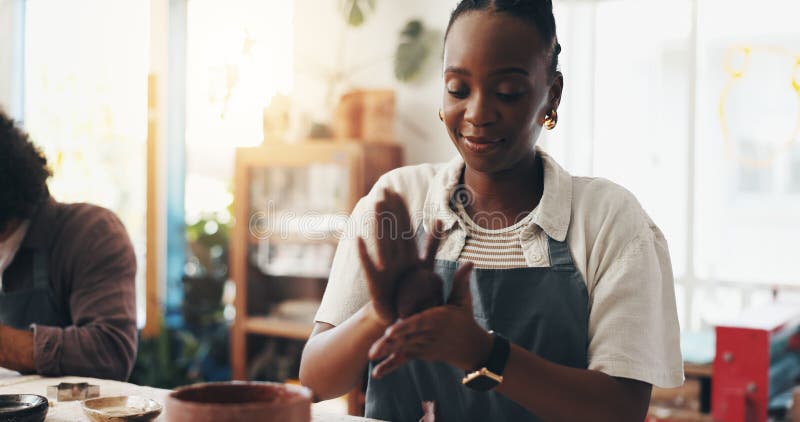 Workshop, students and woman with clay for pottery, development and creative with learning in class. Process, people and royalty free illustration