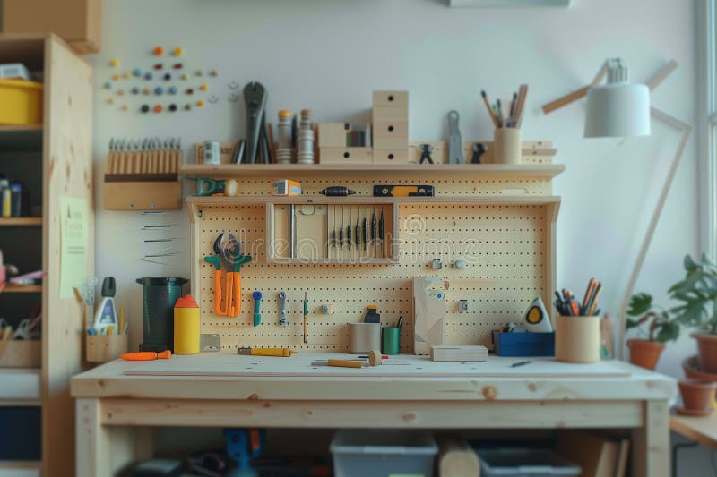 Masa atelierului, cu crearea de echipamente de lucru pentru tâmplărie, cu instrumente și materiale. vector illustration