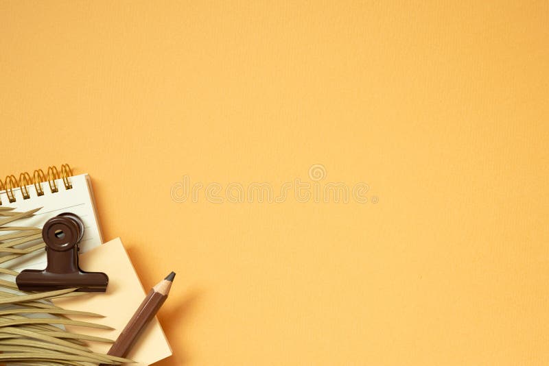 Workspace concept. Note, memo pad, clip, colored pencil, plant on orange desk background. flat lay, top view, copy space. studio shot