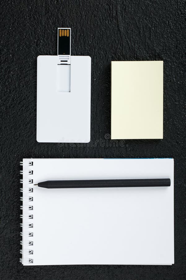 White card. Office desk wooden background top view mock up