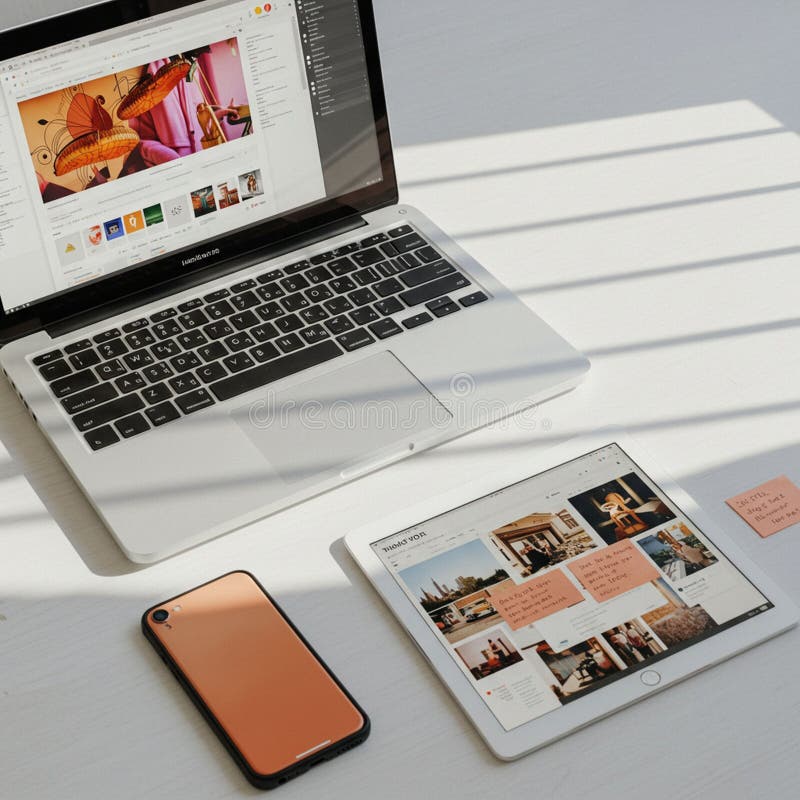 A workspace features a silver laptop displaying design interfaces, a smartphone with vector illustration