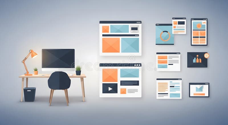 Workspace featuring computer, lamp, desk, chair and web pages icons, clean and modern design stock illustration
