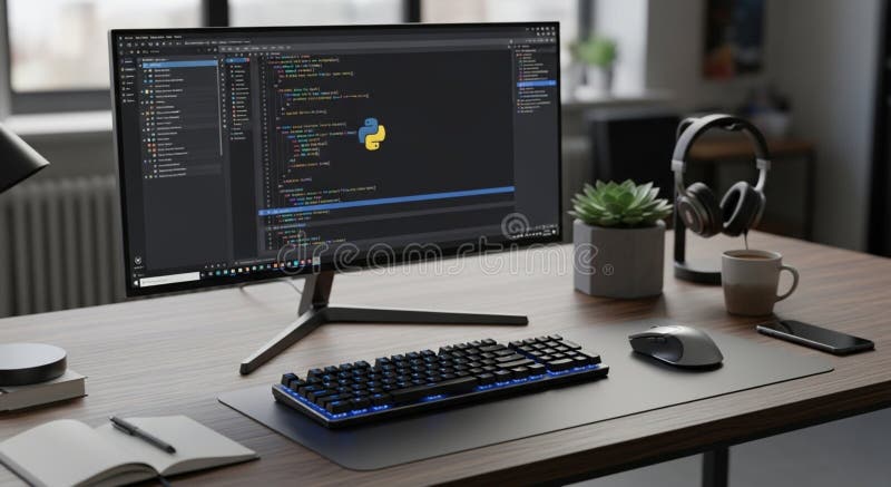 Computer monitor displaying python code with keyboard mouse and other desk accessories visible royalty free illustration