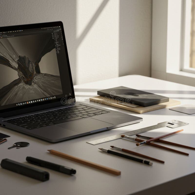 A workspace featuring a laptop displaying digital artwork on the screen. The desk royalty free illustration