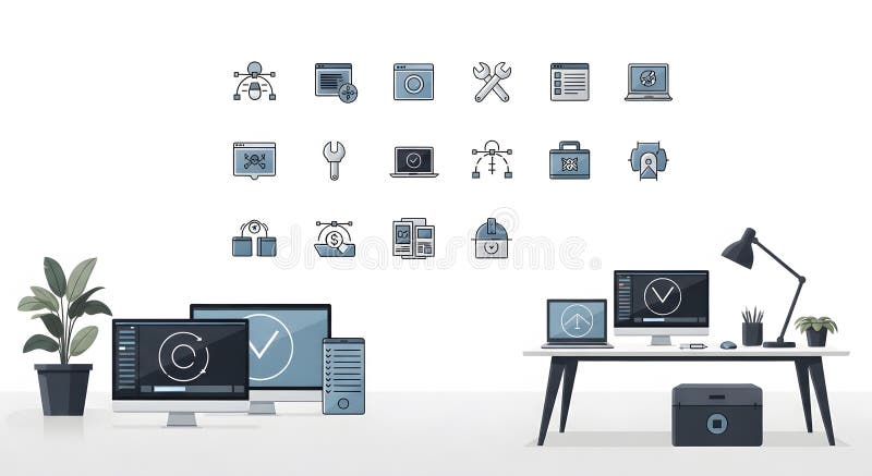 Workspace Illustration with Computers and Icons Set on Top, Modern and Clean Look stock illustration