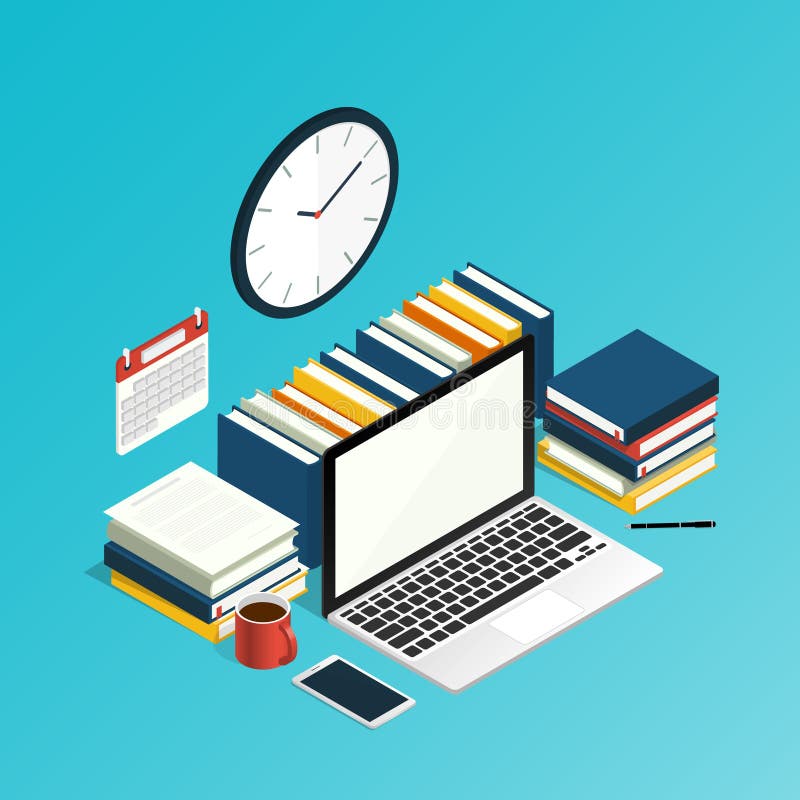 Workspace isometric computer office work,education research vector vector illustration