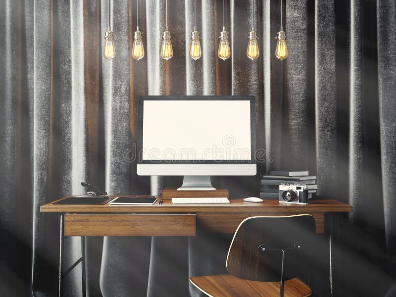 Workspace in moder coworking loft with generic design computer and branding elements on the table. 3d render stock illustration