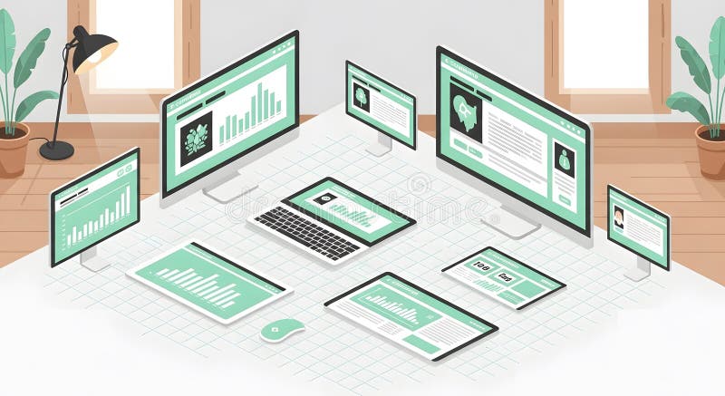 Isometric workspace featuring digital devices showing data analysis and design vector illustration