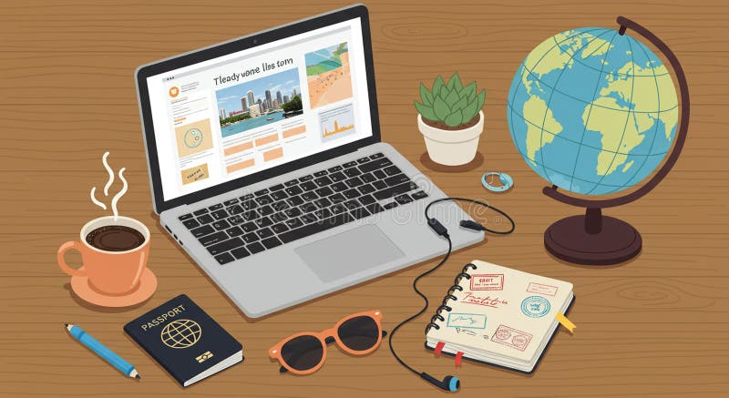 A workspace setup features an open laptop displaying a travel-themed website stock illustration