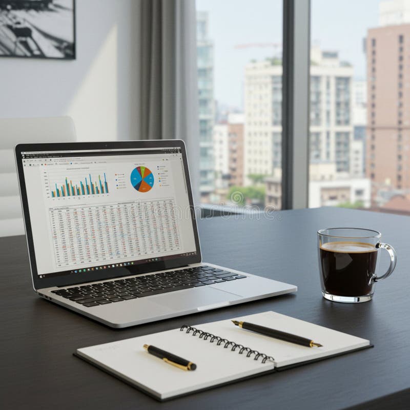 A workspace setup includes an open laptop displaying charts and data tables stock illustration