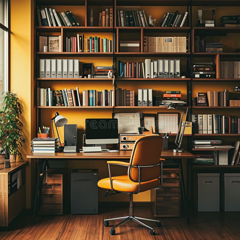 Workspace with Shelves, and Table Stock Illustration