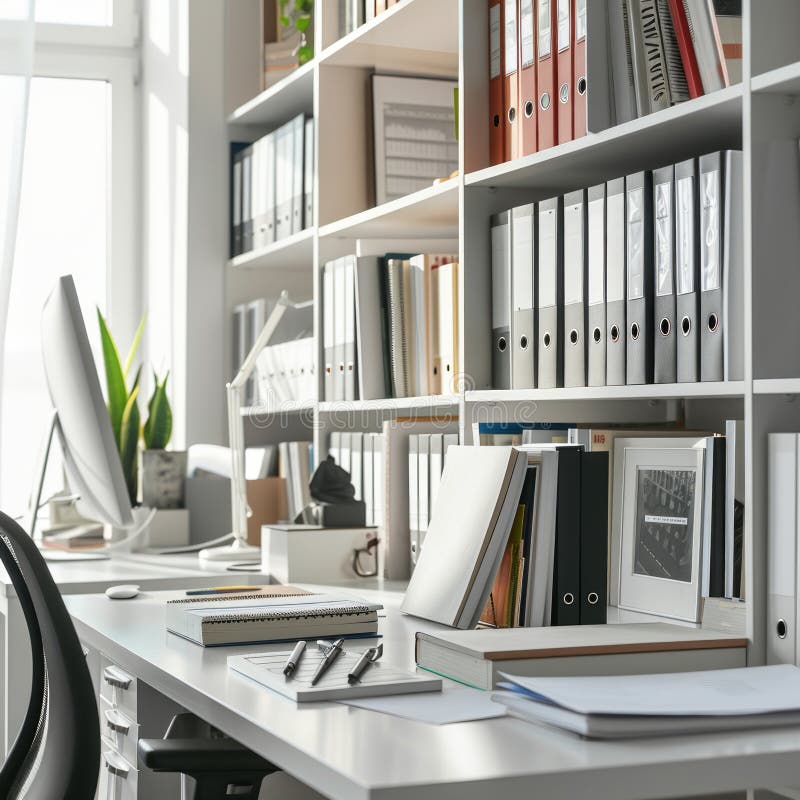 Workspace with Shelves, and Table Stock Illustration
