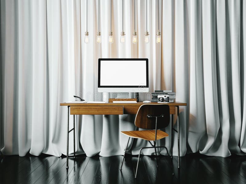 Workspace with white blinds on the background. 3D royalty free stock photography