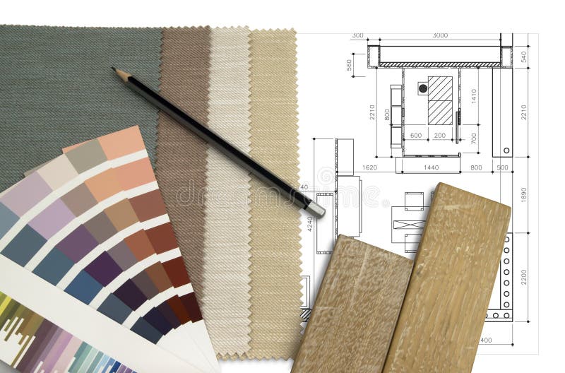 Piano di lavoro di interior design con colori per stoffa e di selezione.