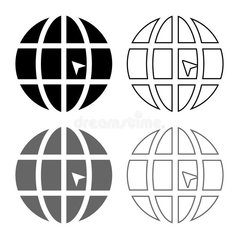 World with arrow world click concept website icon set grey black color illustration outline flat style simple image stock illustration