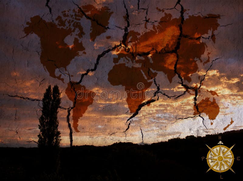 Foto di cracking terra con sovrapposta la mappa del mondo e di un paesaggio.
