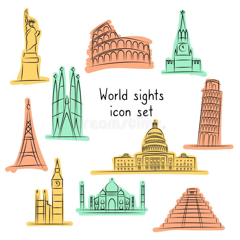 Attractions Icon Set. World Famous Sights. Travel, Journey Concept ...