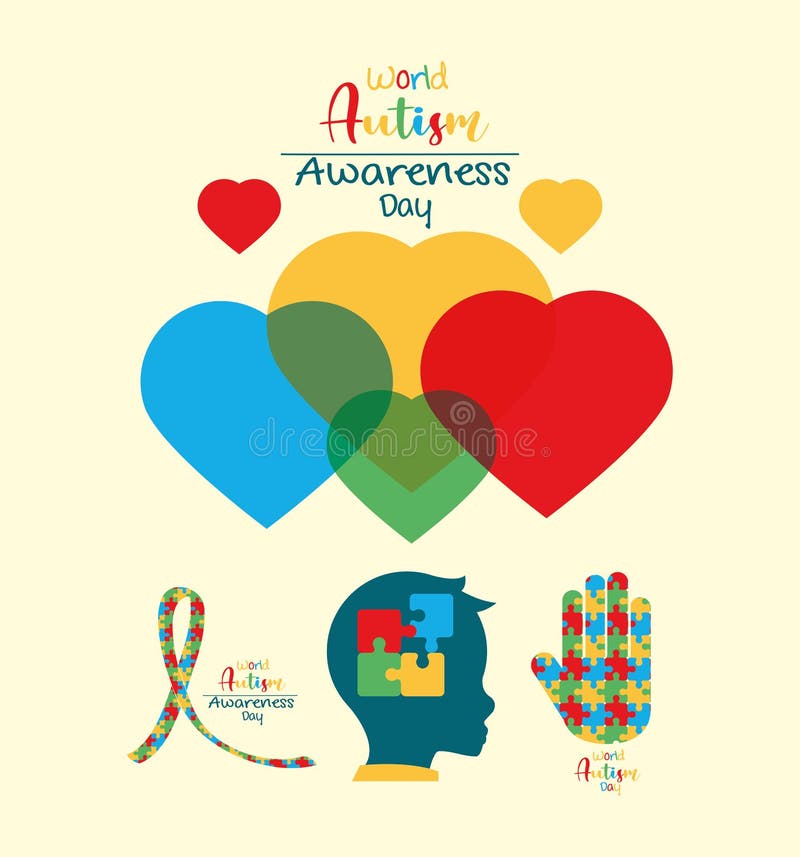 world autism awareness day hearts ribbon child head and hand puzzles