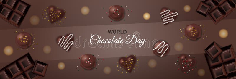World Chocolate Day July 7 Poster chocolate bars, chocolate truffle, bombs, heart shape, cream, sprinkles. Realistic Horizontal