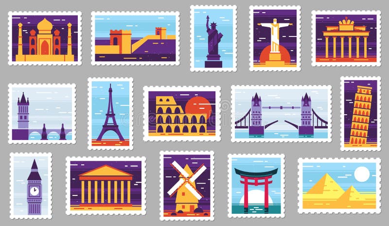 World cities post stamps. Travel postage stamp design, city attractions postcard and town vector illustration set.