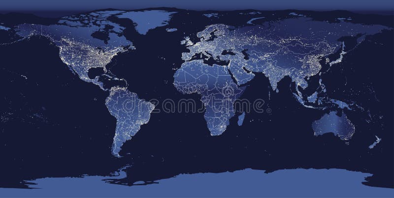 World city lights map. Night Earth view from space. Vector illustration stock illustration World city lights map. Night Earth view from space. Vector illustration stock illustration