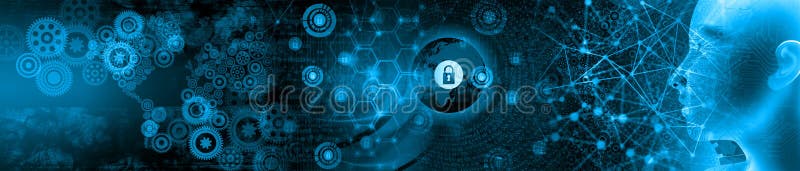 World cogs business concept cyber Security Data Protection Business Technology Privacy concept. artificial intelligence. screen monitor bytes binary code network futuristic abstract cyberspace modern technology background dark illustration graphic vector print lines digits detail data output. Coding mesh illustrations