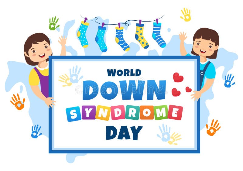 World down zespół day vector ilustracja 21 marca niebieską i żółtą wstążką mapę ziemi niesparowane skarpety i dzieci ilustracja wektor