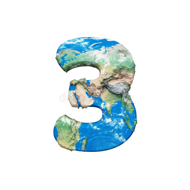 World earth globe alphabet number 3. Global worldwide font with NASA map. 3D render isolated on white background. Typographic symbol from blue and green planet Earth.