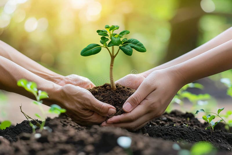 World environment day concept, protecting nature. Close up of male and female hands holding and caring for young gr stock illustration