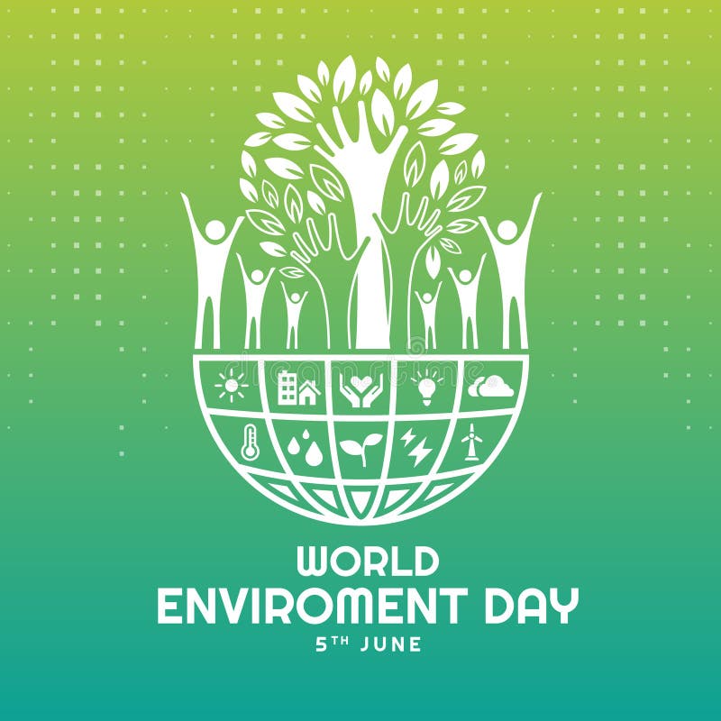 World environment day Tree (Παγκόσμια ημέρα περιβάλλοντος) με το πορτμπαγκάζ και τους ανθρώπους γύρω από τη βάση στη μισή υδρόγειο διανυσματική απεικόνιση