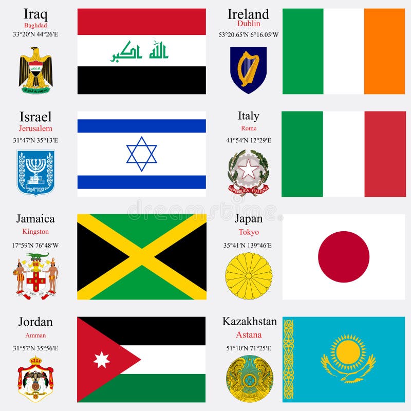 World flags and capitals set 11 vector illustration