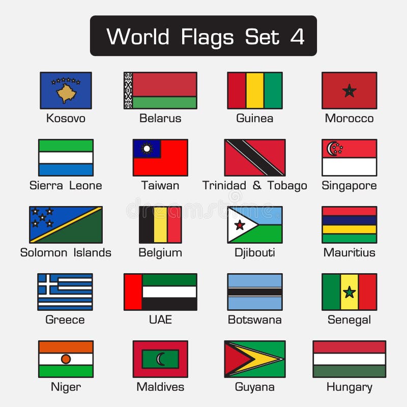 World Flags Set 4 . Simple Style and Flat Design . Thick Outline Stock