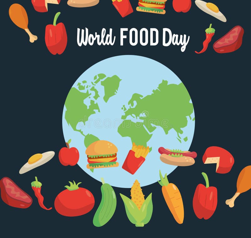 World Food Day Lettering Poster with Earth Planet and Set Food Stock ...