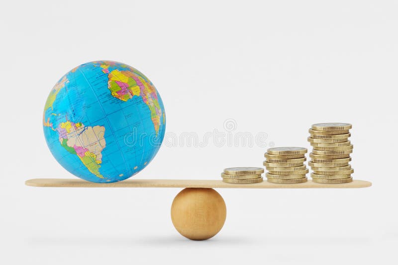 World globe and coins stack on balance scale - Concept of balance between planetary health and economic growth. World globe and coins stack on balance scale stock image World globe and coins stack on balance scale - Concept of balance between planetary health and economic growth. World globe and coins stack on balance scale stock image