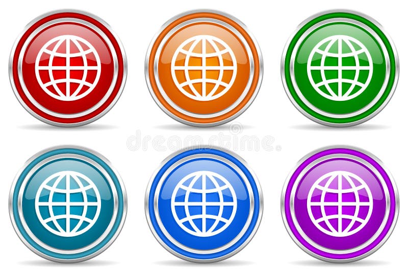 World, globe silver metallic glossy icons, set of modern design buttons for web, internet and mobile applications in 6 colors