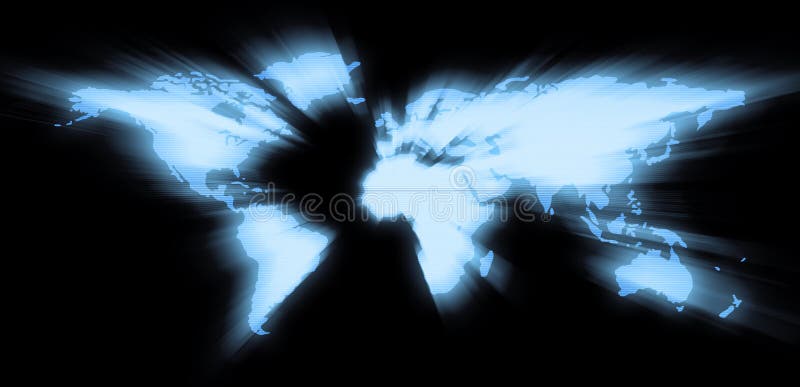 Blue world map wih rays and glow style. Blue world map wih rays and glow style