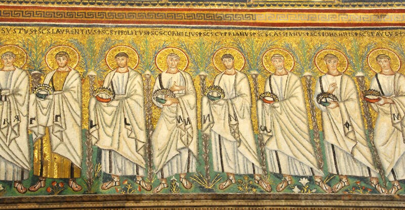 1500 year old byzantine mosaics of the apostles holding wreaths at the St Apolonaire church in Ravenna. 1500 year old byzantine mosaics of the apostles holding wreaths at the St Apolonaire church in Ravenna.