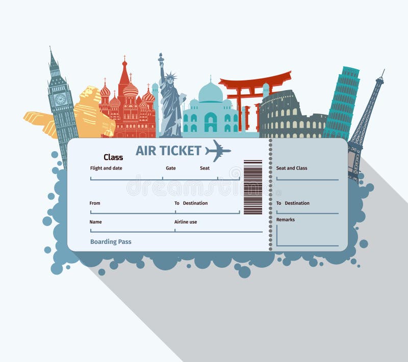 Airplane travel ticket with world famous landmarks icons vector illustration. Airplane travel ticket with world famous landmarks icons vector illustration.