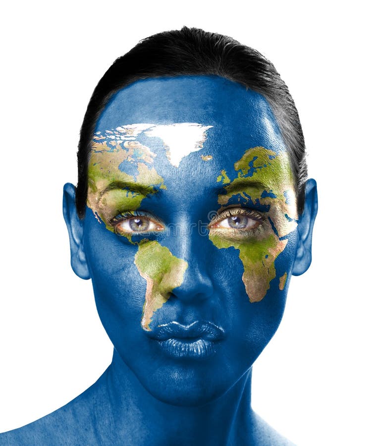 World map on beauty woman face