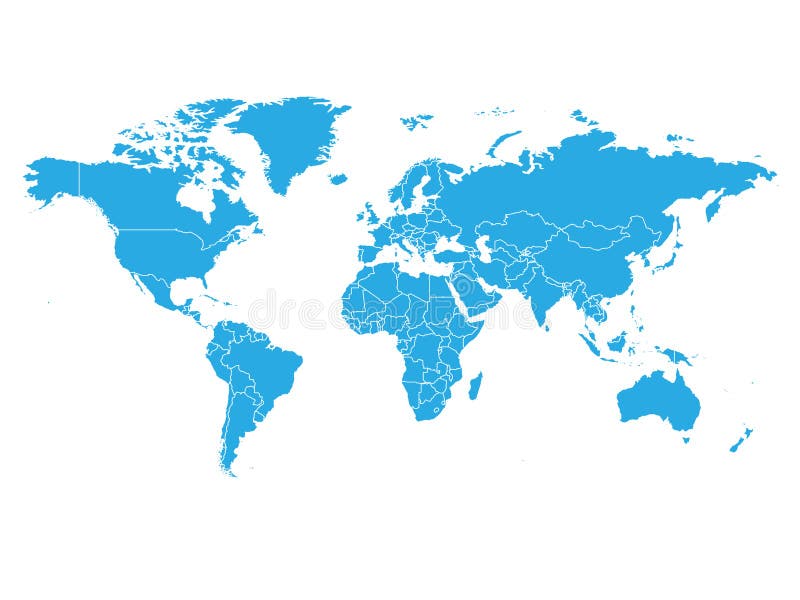 World map in blue color on white background. High detail blank political map. Vector illustration with labeled compound