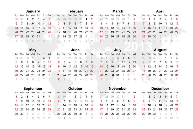 World map calendar for 2013 stock illustration