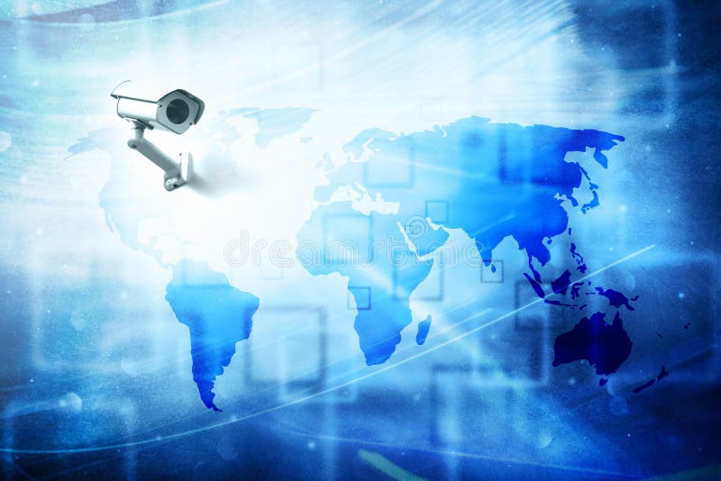 World map and security camera on textured illustration background. Conceptual global network background. Global network connection map stock images, royalty-free photos and pictures